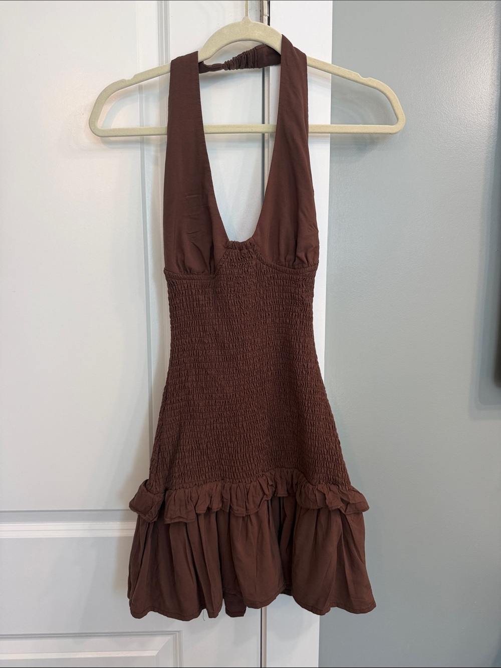 Womens chocolate brown Fleur Shirred Halter Mini Dress by Seven Wonders Small